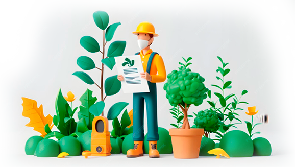Engenheiro ambiental com prancheta cercado por plantas